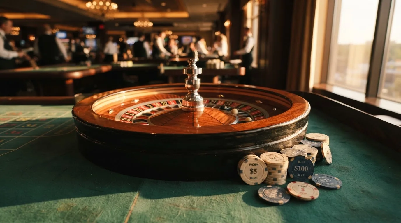 Roda de roleta e fichas sobre feltro verde, sob uma luz quente de fim de tarde — tabelas de blackjack em portugal