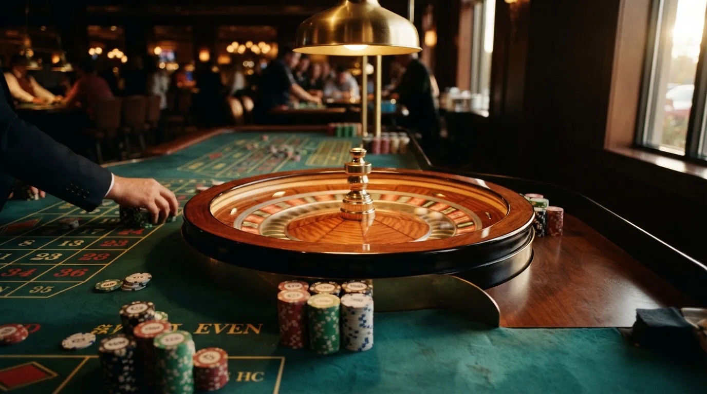 Roda de roleta e fichas sobre feltro verde, sob uma luz quente de fim de tarde — top casinos em portugal