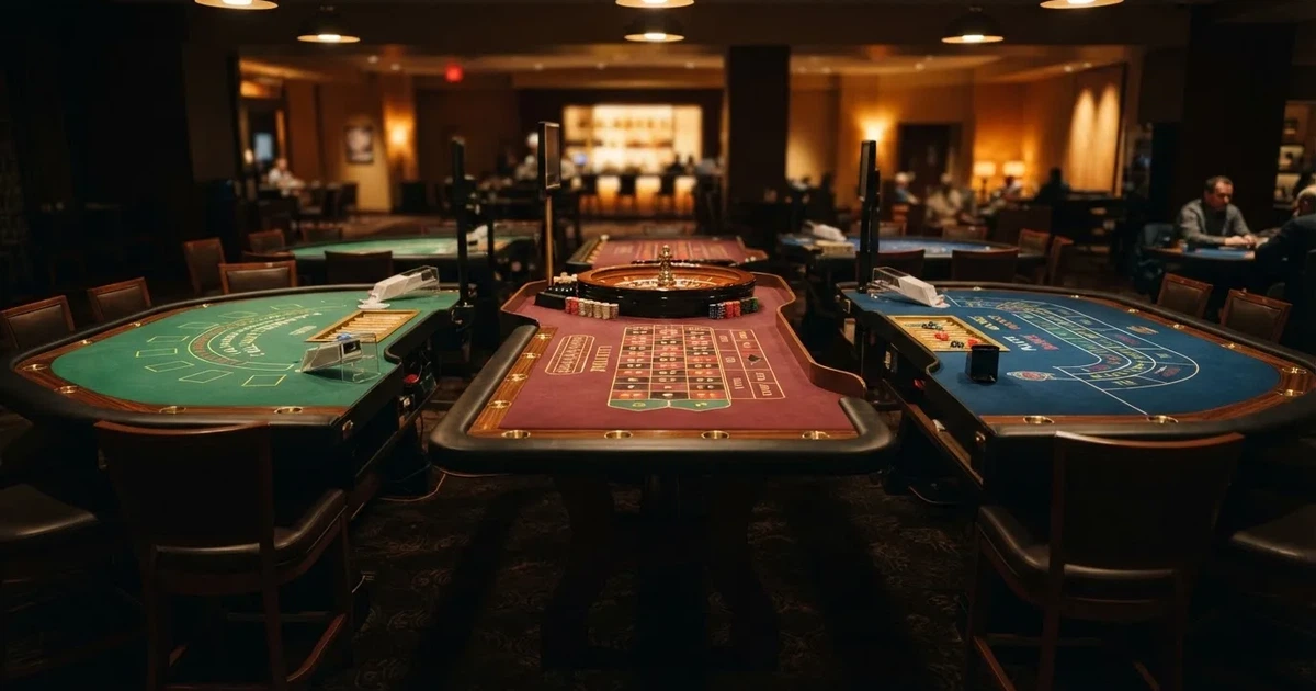 Três mesas de jogo diferentes lado a lado numa sala calma e calorosamente iluminada — top casinos em portugal