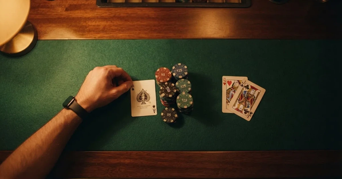 Mesa de jogo iluminada com cartas, vista de cima — truques de casino em portugal